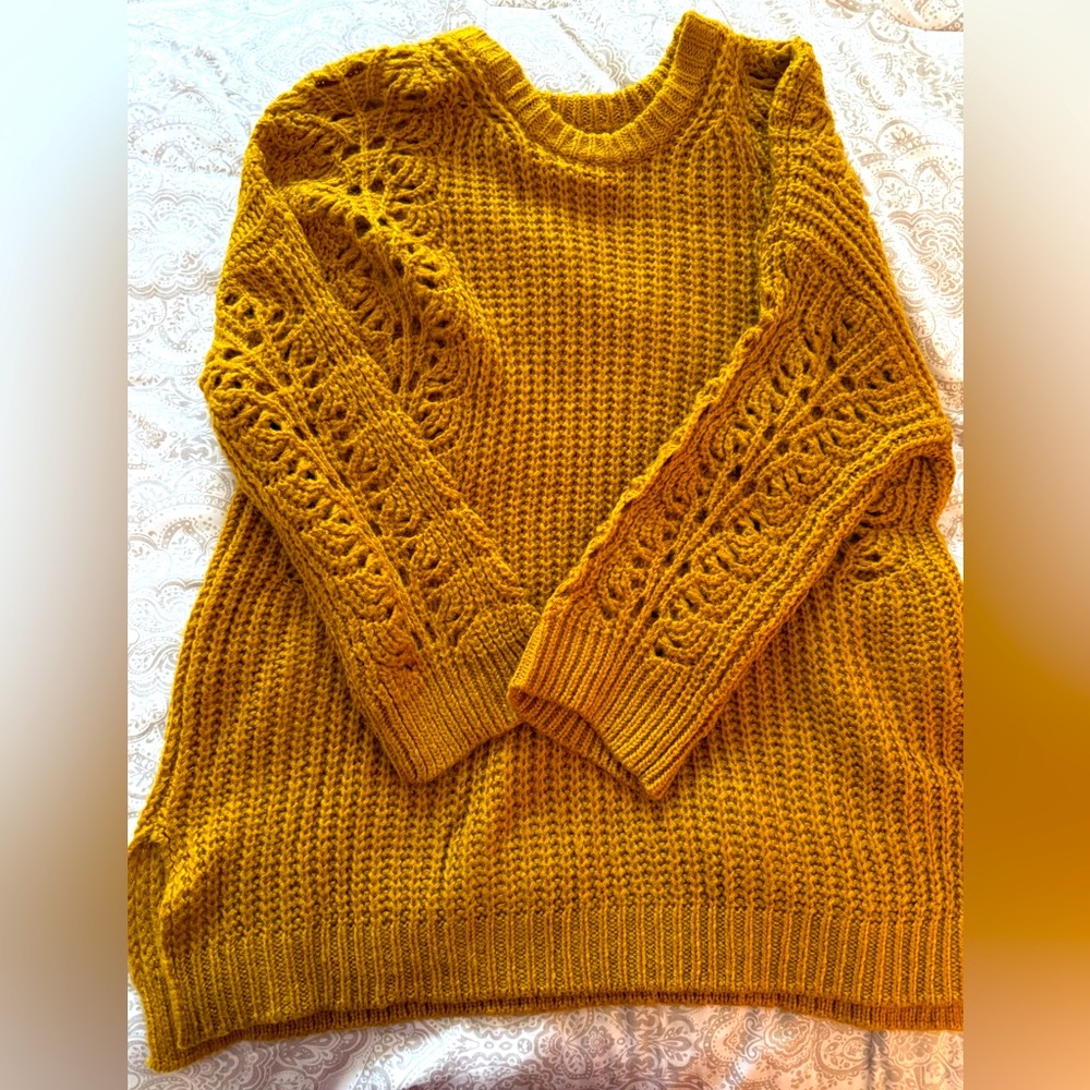 Anthropologie mustard Pilcro Devenne Pointelle Oversized Pullover sweater